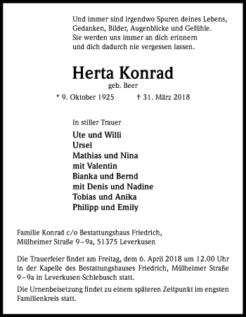Anzeige von Herta Konrad von Kölner Stadt-Anzeiger / Kölnische Rundschau / Express