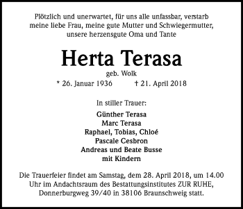 Anzeige von Herta Terasa von Kölner Stadt-Anzeiger / Kölnische Rundschau / Express