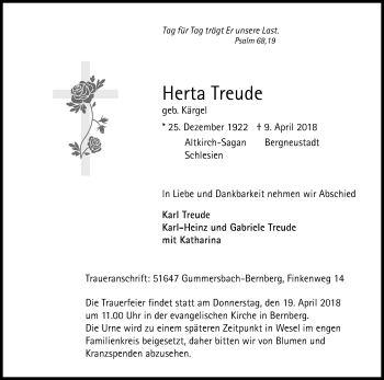 Anzeige von Herta Treude von Kölner Stadt-Anzeiger / Kölnische Rundschau / Express