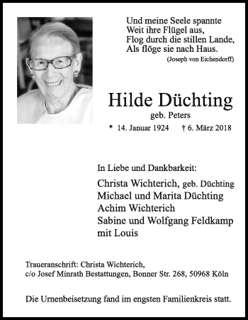 Anzeige von Hilde Düchting von Kölner Stadt-Anzeiger / Kölnische Rundschau / Express