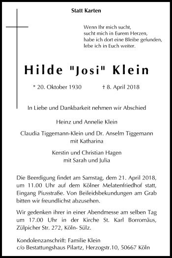 Anzeige von Hilde Klein von Kölner Stadt-Anzeiger / Kölnische Rundschau / Express