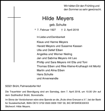 Anzeige von Hilde Meyers von Kölner Stadt-Anzeiger / Kölnische Rundschau / Express