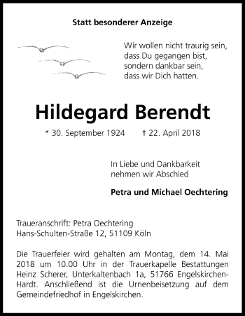 Anzeige von Hildegard Berendt von Kölner Stadt-Anzeiger / Kölnische Rundschau / Express