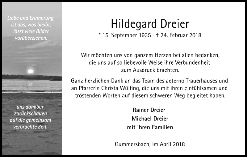  Traueranzeige für Hildegard Dreier vom 21.04.2018 aus Kölner Stadt-Anzeiger / Kölnische Rundschau / Express