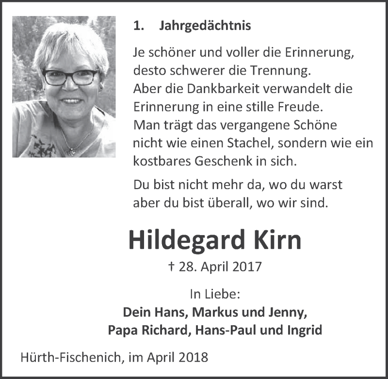  Traueranzeige für Hildegard Kirn vom 25.04.2018 aus  Wochenende 
