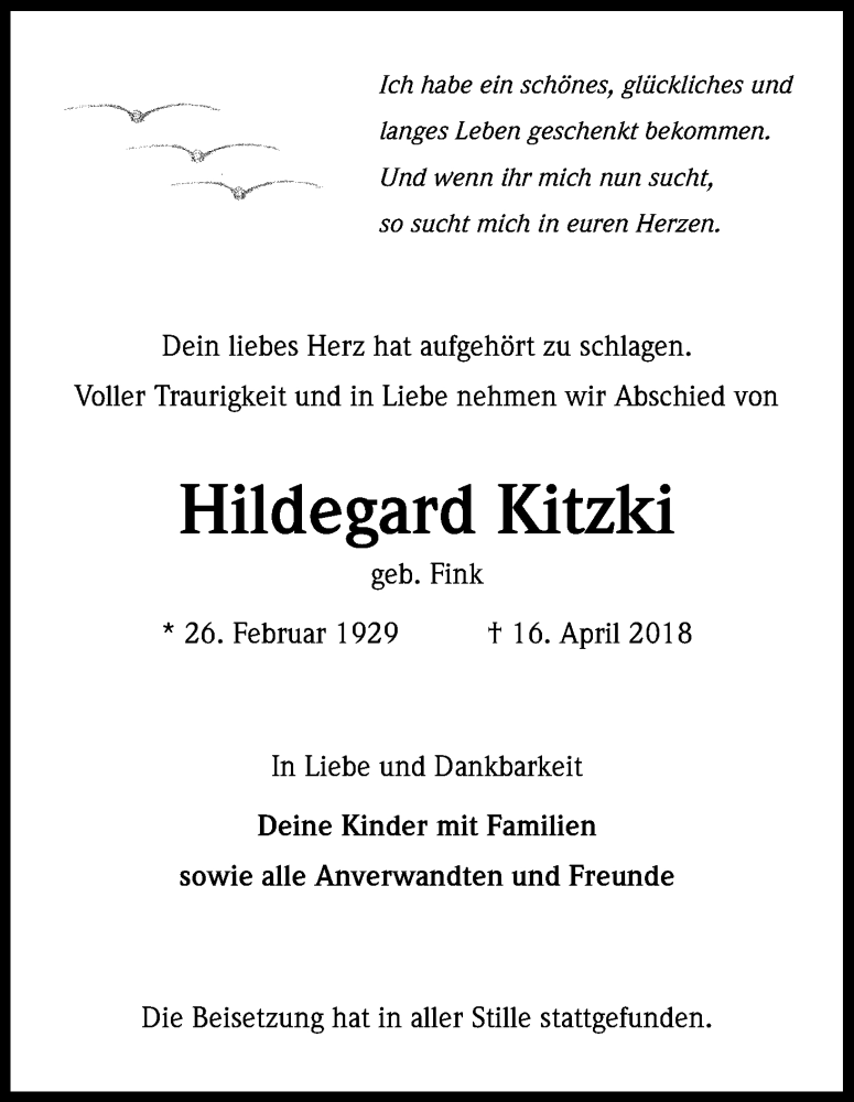  Traueranzeige für Hildegard Kitzki vom 25.04.2018 aus Kölner Stadt-Anzeiger / Kölnische Rundschau / Express