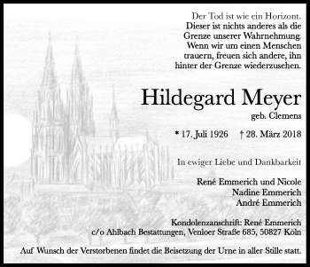 Anzeige von Hildegard Meyer von Kölner Stadt-Anzeiger / Kölnische Rundschau / Express
