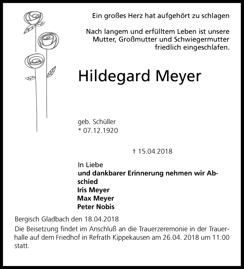  Traueranzeige für Hildegard Meyer vom 21.04.2018 aus Kölner Stadt-Anzeiger / Kölnische Rundschau / Express