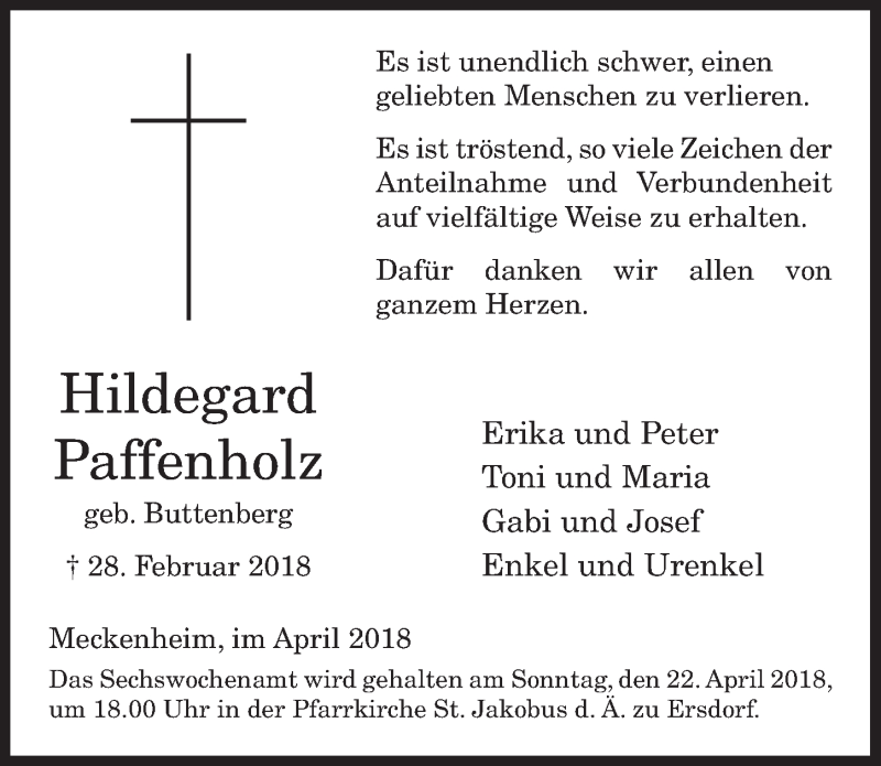  Traueranzeige für Hildegard Paffenholz vom 11.04.2018 aus  Schaufenster/Blickpunkt 