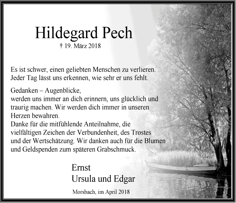  Traueranzeige für Hildegard Pech vom 18.04.2018 aus  Lokalanzeiger 