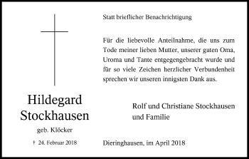 Anzeige von Hildegard Stockhausen von Kölner Stadt-Anzeiger / Kölnische Rundschau / Express