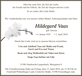Anzeige von Hildegard Vaas von  Anzeigen Echo  Lokalanzeiger 