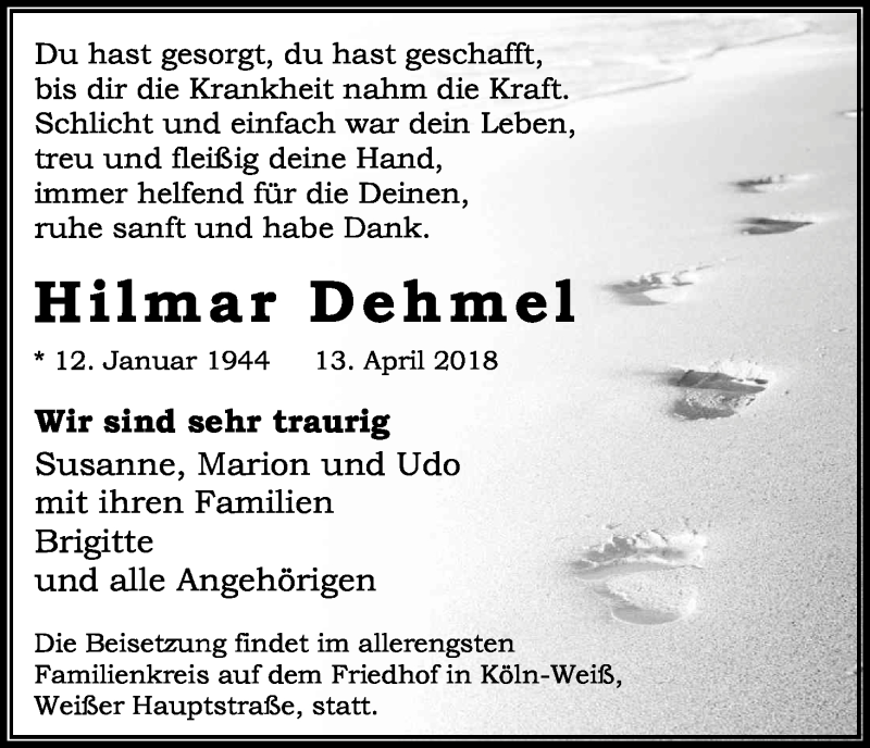  Traueranzeige für Hilmar Dehmel vom 28.04.2018 aus Kölner Stadt-Anzeiger / Kölnische Rundschau / Express