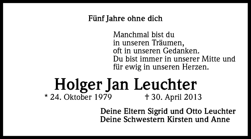  Traueranzeige für Holger Jan Leuchter vom 30.04.2018 aus Kölner Stadt-Anzeiger / Kölnische Rundschau / Express