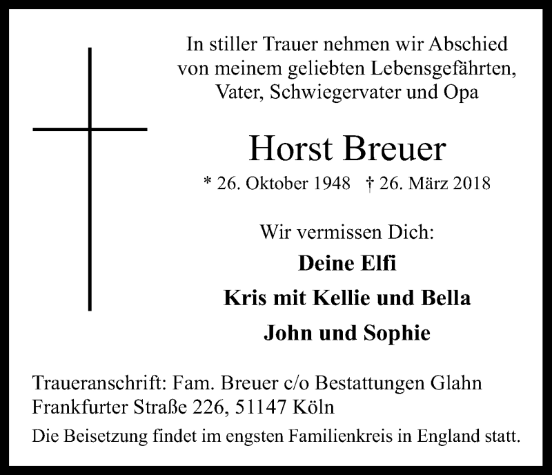  Traueranzeige für Horst Breuer vom 07.04.2018 aus Kölner Stadt-Anzeiger / Kölnische Rundschau / Express