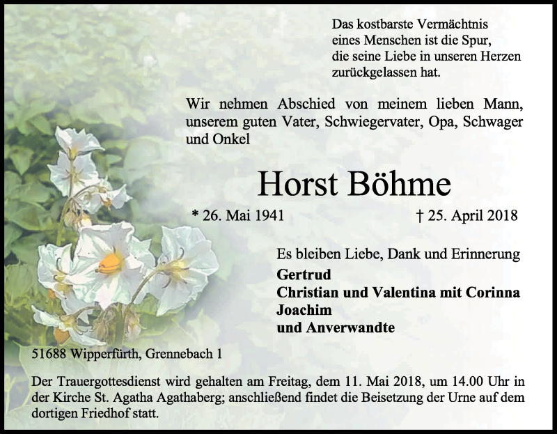 Traueranzeige für Horst Böhme vom 01.05.2018 aus Kölner Stadt-Anzeiger / Kölnische Rundschau / Express