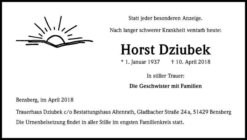  Traueranzeige für Horst Dziubek vom 20.04.2018 aus Kölner Stadt-Anzeiger / Kölnische Rundschau / Express
