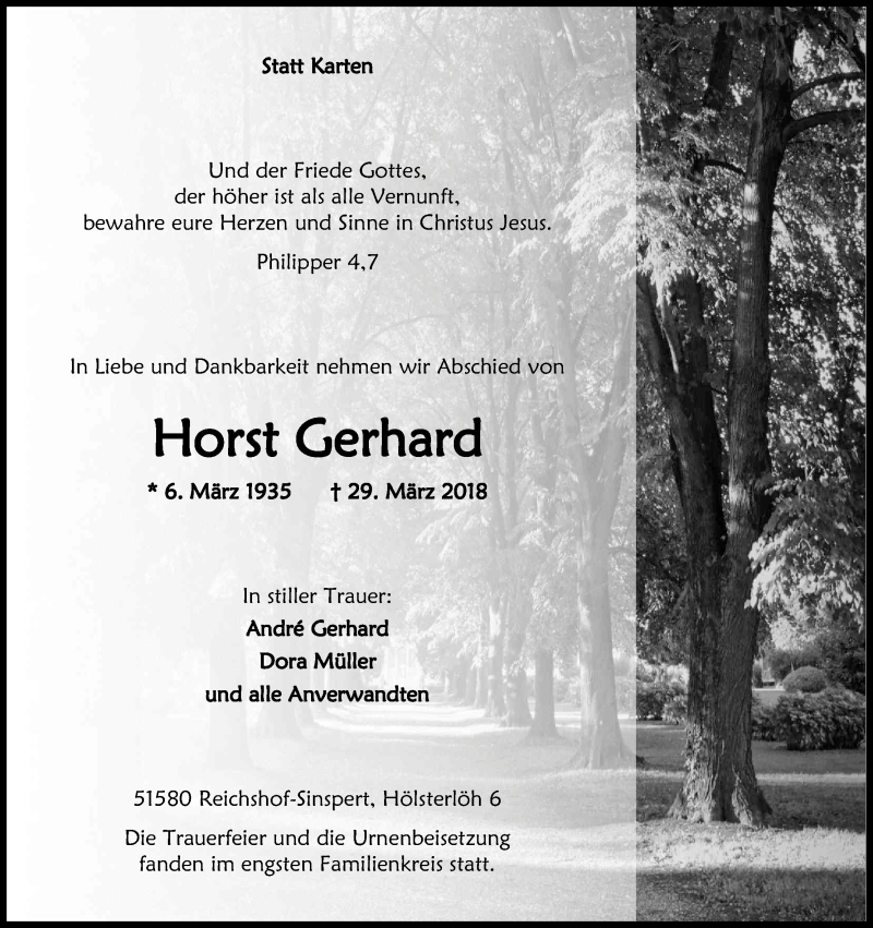  Traueranzeige für Horst Gerhard vom 14.04.2018 aus Kölner Stadt-Anzeiger / Kölnische Rundschau / Express