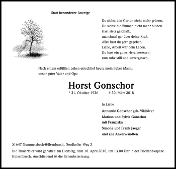 Anzeige von Horst Gonschor von Kölner Stadt-Anzeiger / Kölnische Rundschau / Express