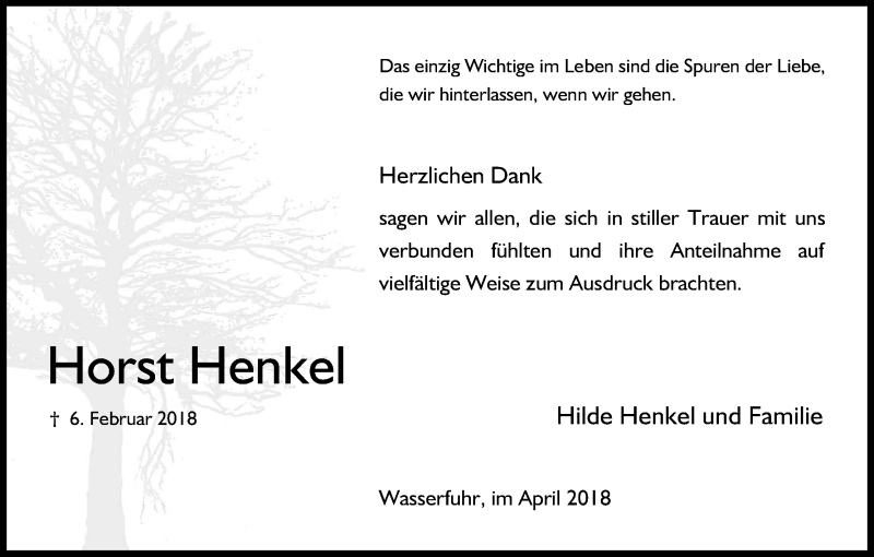  Traueranzeige für Horst Henkel vom 28.04.2018 aus Kölner Stadt-Anzeiger / Kölnische Rundschau / Express
