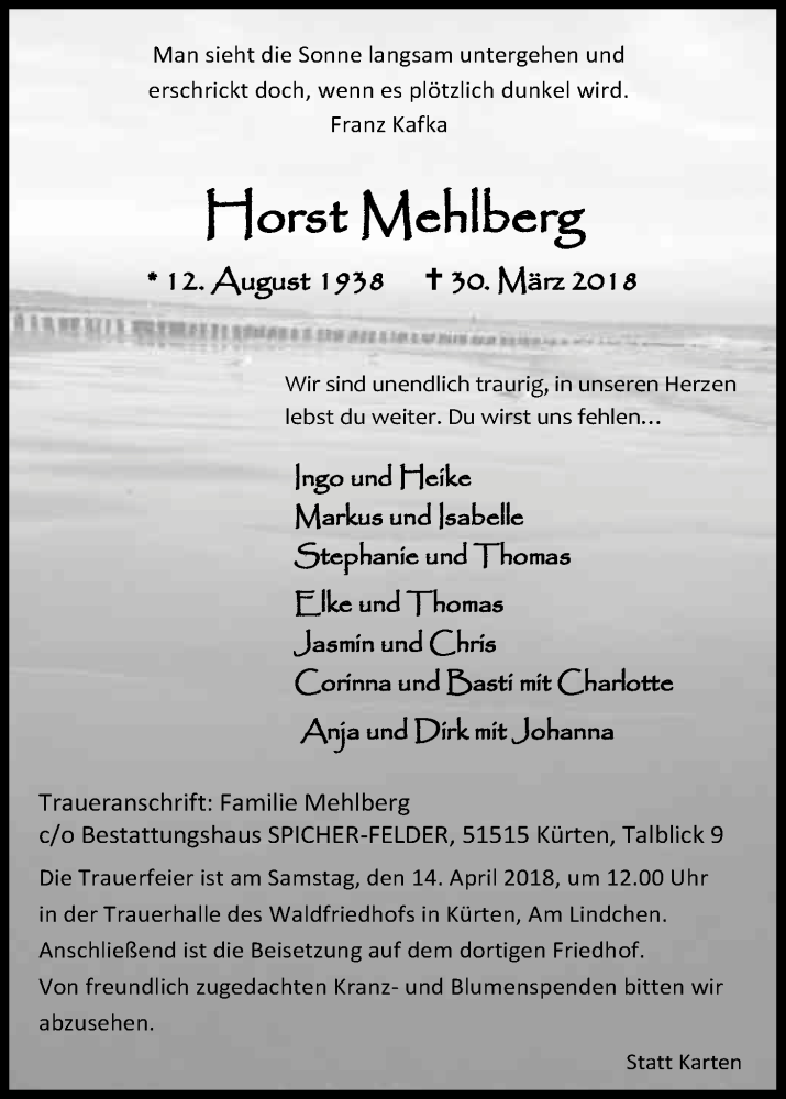  Traueranzeige für Horst Mehlberg vom 07.04.2018 aus Kölner Stadt-Anzeiger / Kölnische Rundschau / Express