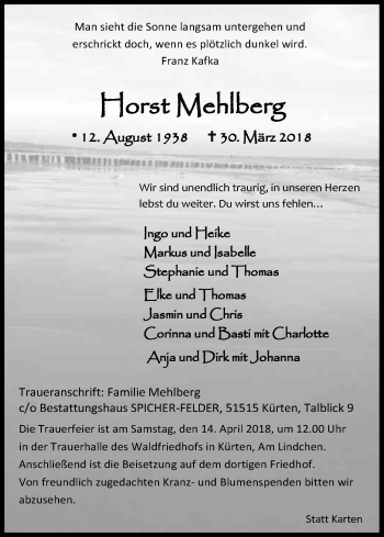 Anzeige von Horst Mehlberg von Kölner Stadt-Anzeiger / Kölnische Rundschau / Express