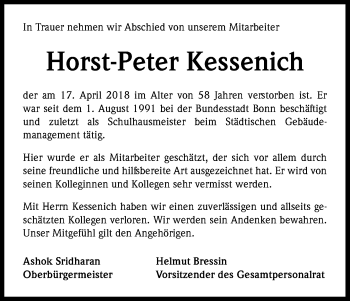 Anzeige von Horst-Peter Kessenich von Kölner Stadt-Anzeiger / Kölnische Rundschau / Express