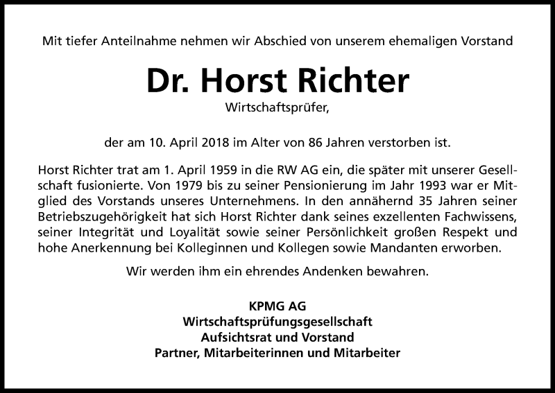  Traueranzeige für Horst Richter vom 14.04.2018 aus Kölner Stadt-Anzeiger / Kölnische Rundschau / Express