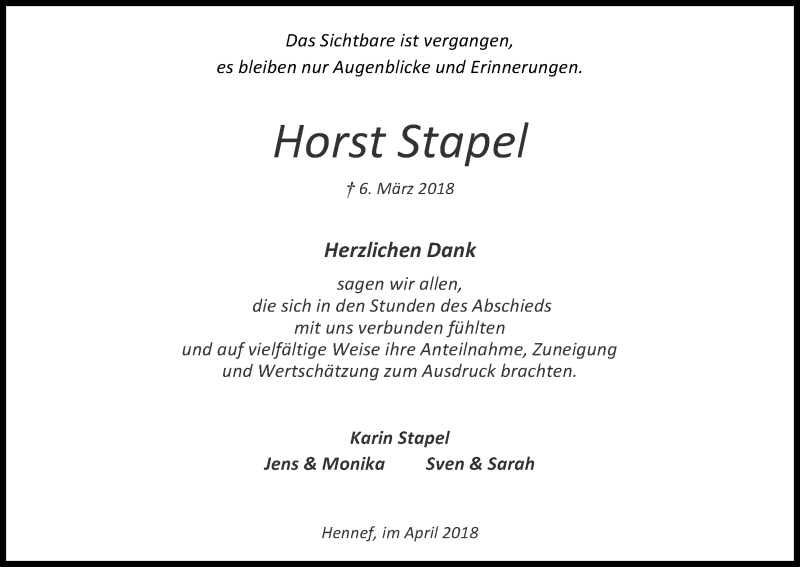  Traueranzeige für Horst Stapel vom 28.04.2018 aus Kölner Stadt-Anzeiger / Kölnische Rundschau / Express