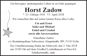 Anzeige von Horst Zadow von  Kölner Wochenspiegel 
