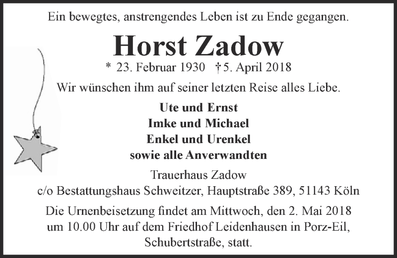  Traueranzeige für Horst Zadow vom 18.04.2018 aus  Kölner Wochenspiegel 