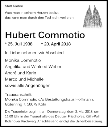 Anzeige von Hubert Commotio von Kölner Stadt-Anzeiger / Kölnische Rundschau / Express