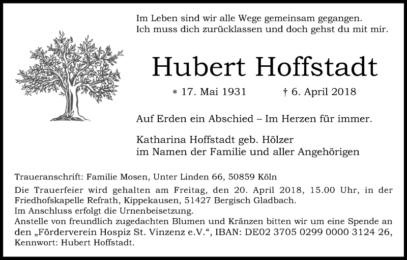  Traueranzeige für Hubert Hoffstadt vom 14.04.2018 aus Kölner Stadt-Anzeiger / Kölnische Rundschau / Express