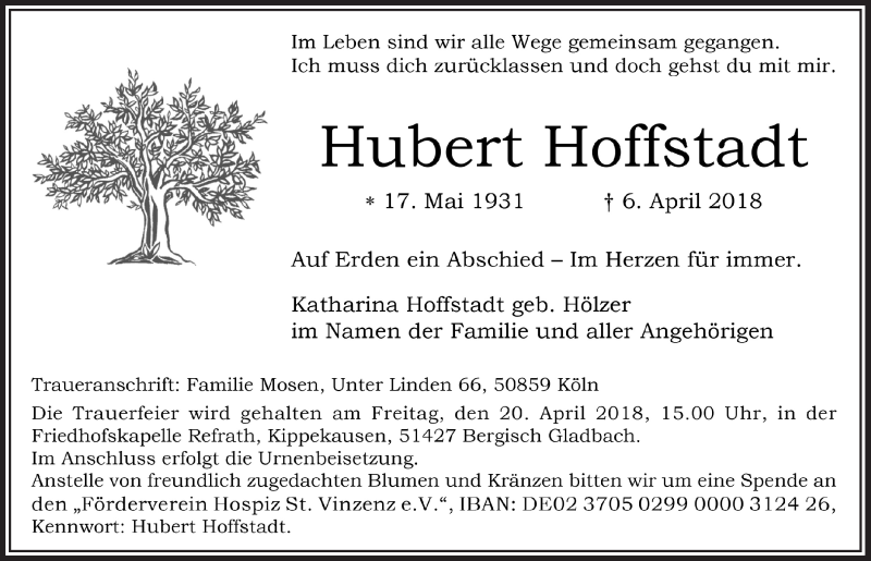  Traueranzeige für Hubert Hoffstadt vom 14.04.2018 aus  Bergisches Sonntagsblatt 
