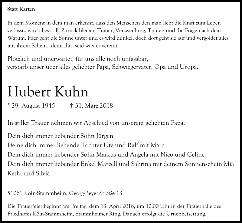 Traueranzeige für Hubert Kuhn vom 07.04.2018 aus Kölner Stadt-Anzeiger / Kölnische Rundschau / Express