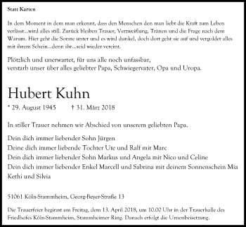Anzeige von Hubert Kuhn von Kölner Stadt-Anzeiger / Kölnische Rundschau / Express