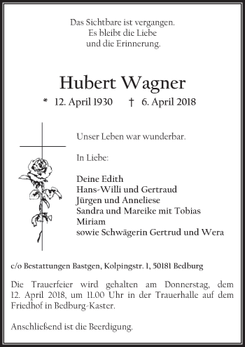 Anzeige von Hubert Wagner von  Werbepost 