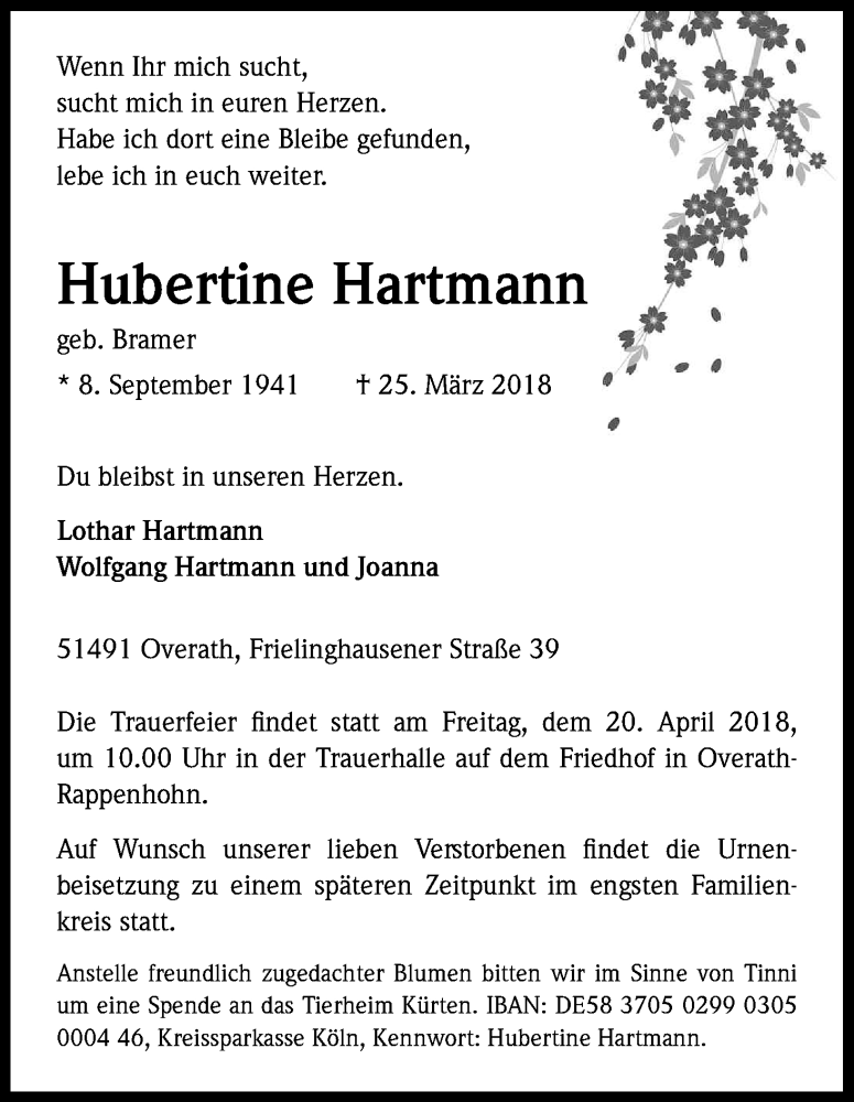  Traueranzeige für Hubertine Hartmann vom 10.04.2018 aus Kölner Stadt-Anzeiger / Kölnische Rundschau / Express