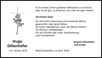 Anzeige von Hugo Dillenhöfer von Kölner Stadt-Anzeiger / Kölnische Rundschau / Express