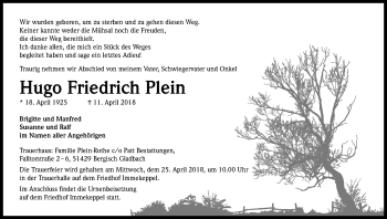 Anzeige von Hugo Friedrich Plein von Kölner Stadt-Anzeiger / Kölnische Rundschau / Express