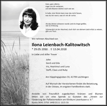 Anzeige von Ilona Leienbach-Kalitowitsch von Kölner Stadt-Anzeiger / Kölnische Rundschau / Express
