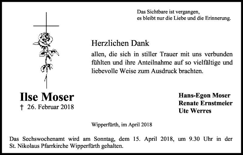  Traueranzeige für Ilse Moser vom 07.04.2018 aus Kölner Stadt-Anzeiger / Kölnische Rundschau / Express