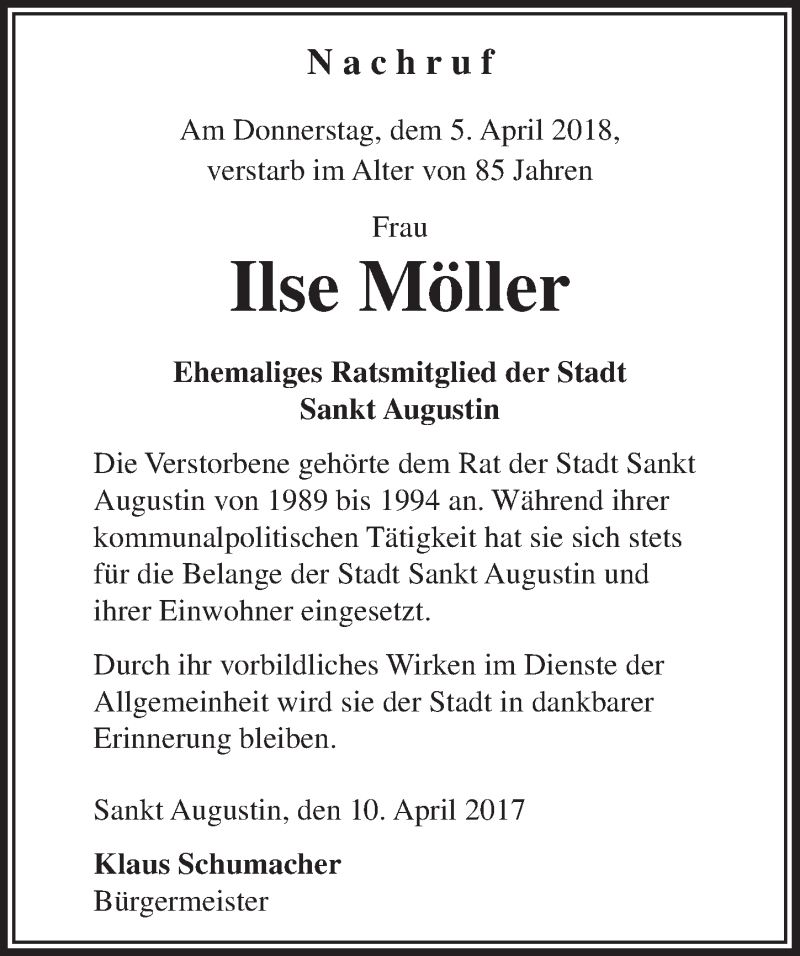  Traueranzeige für Ilse Möller vom 18.04.2018 aus  Extra Blatt 