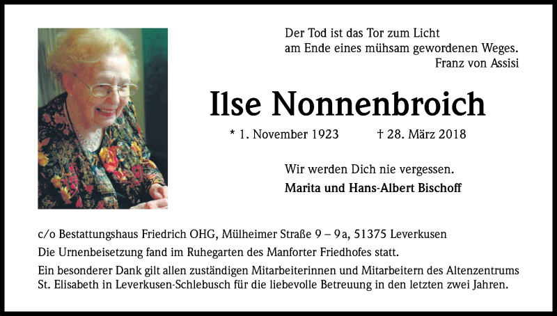  Traueranzeige für Ilse Nonnenbroich vom 14.04.2018 aus Kölner Stadt-Anzeiger / Kölnische Rundschau / Express