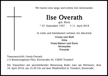 Anzeige von Ilse Overath von Kölner Stadt-Anzeiger / Kölnische Rundschau / Express