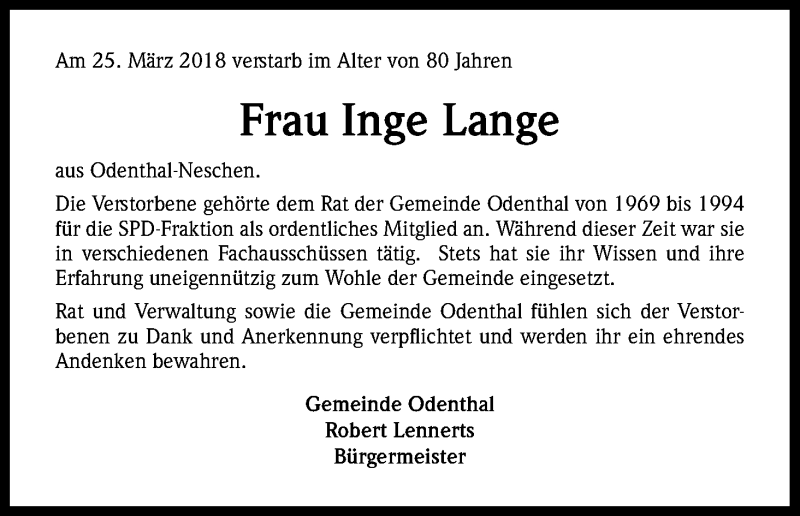  Traueranzeige für Inge Lange vom 04.04.2018 aus Kölner Stadt-Anzeiger / Kölnische Rundschau / Express