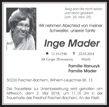 Anzeige von Inge Mader von  Wochenende  Kölner Wochenspiegel 