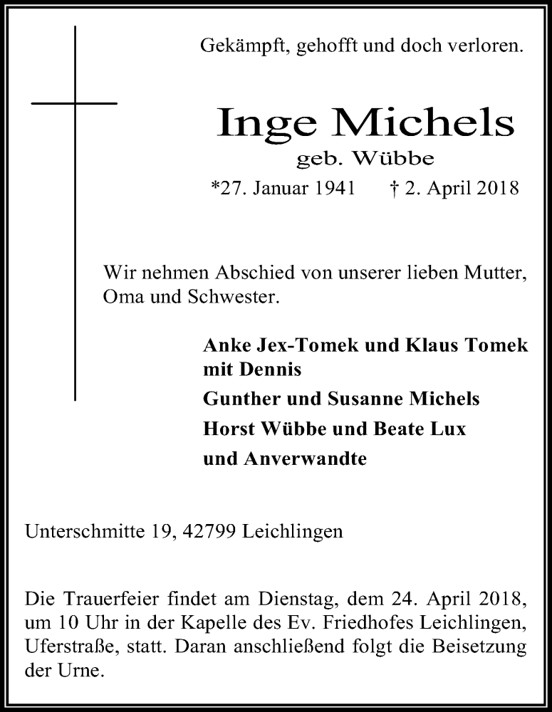  Traueranzeige für Inge Michels vom 20.04.2018 aus Kölner Stadt-Anzeiger / Kölnische Rundschau / Express