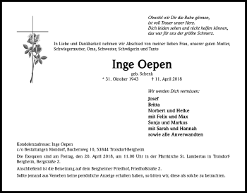 Anzeige von Inge Oepen von Kölner Stadt-Anzeiger / Kölnische Rundschau / Express