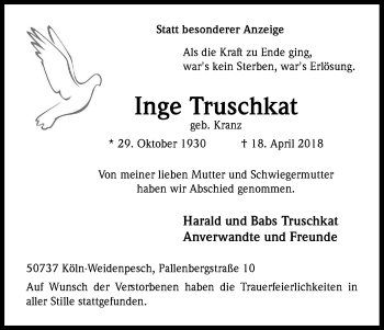 Anzeige von Inge Truschkat von Kölner Stadt-Anzeiger / Kölnische Rundschau / Express